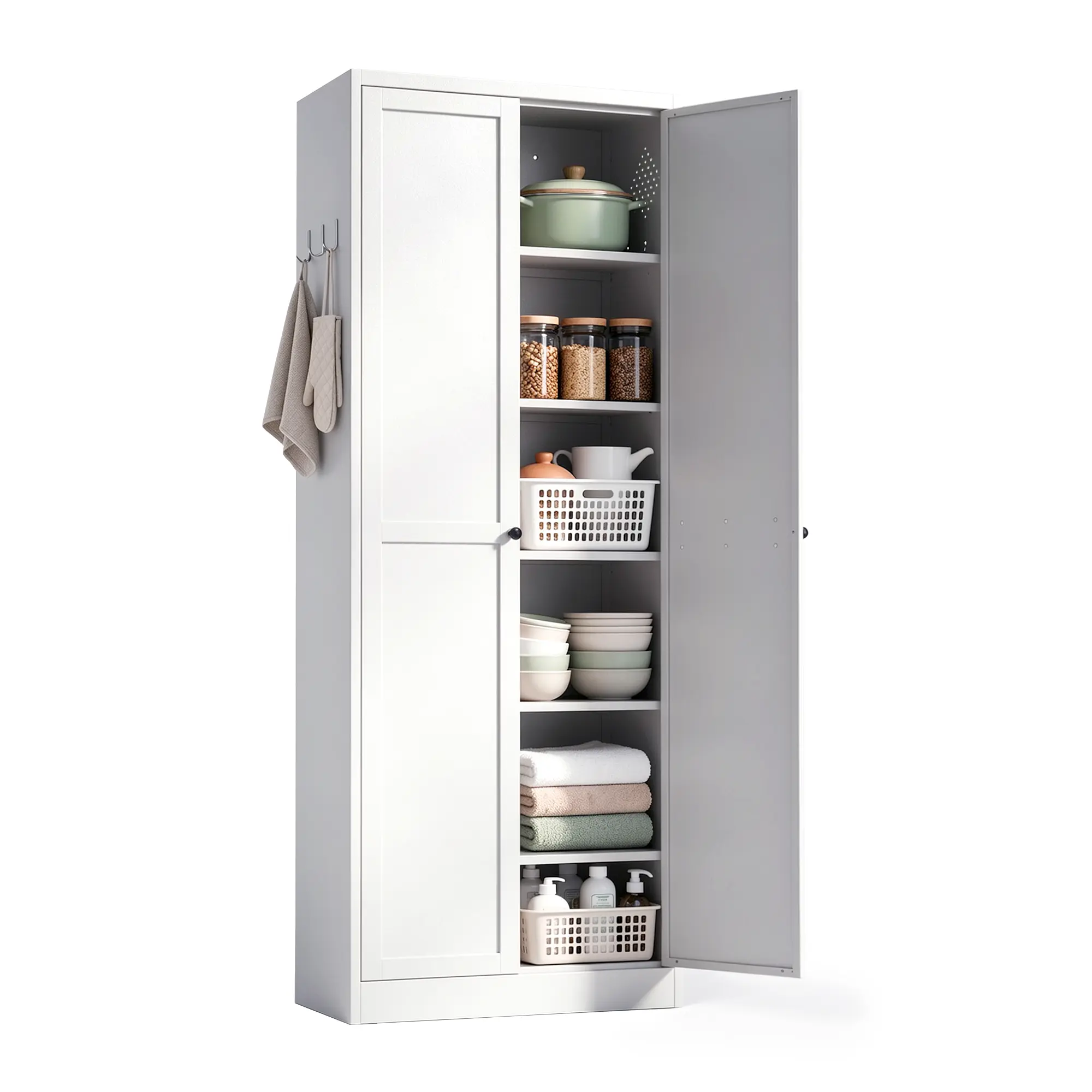 Metal Pantry Cabinet with 2 Doors and Adjustable Shelves Available in two sizes: 61" 72"  Kitchen Storage Cabinet with Gold Handles - Versatile Storage for Kitchen, Bathroom, Dining Room, Utility Room