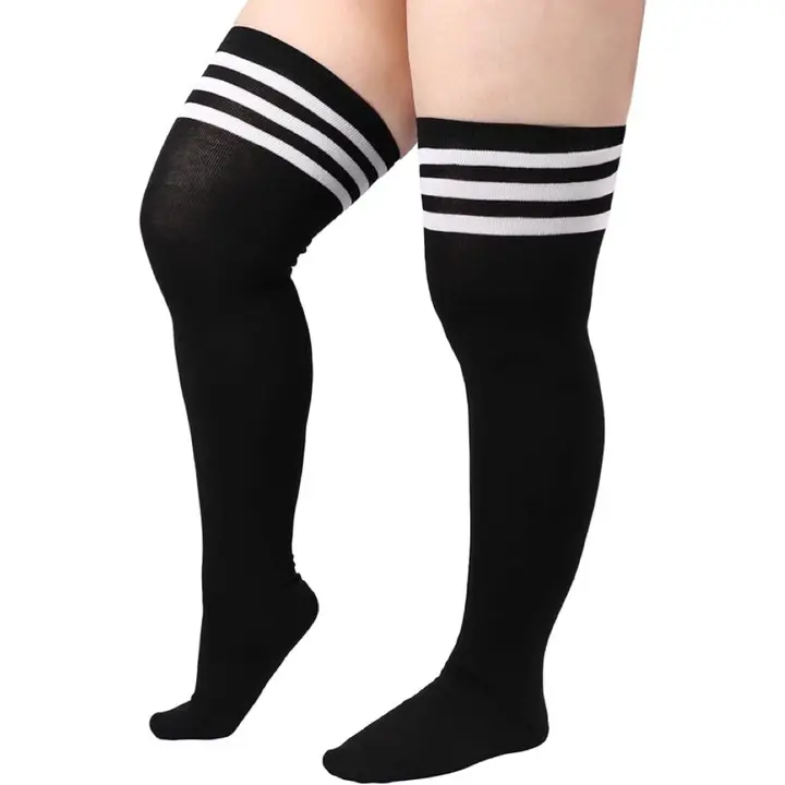 Plus Size Women's Thigh High Socks, Soft Cotton Cable Knit Over the Knee Leg Warmers, Breathable, Fits Thighs 18-35 Inches, Striped, Cold Wash, Black&White, Yoga, Classic, Thoughtful Gifts, Skirts