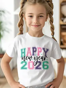 1Pc Pure Cotton Girl T Shirt Happy New Year 2026 White Loose Comfortable Round Neck Short Sleeve Top For Kids Party Outfit Outdoor Activity Gift With Colorful Text And Sparkle Design