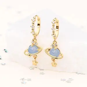 New Ins Vintage Cute Circle Star Saturn Earrings Exquisite Blue Planet Zircon Hoop Earring For Women Girls Fashion Jewelry Gift