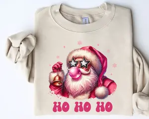 Hohoho Santa Sweatshirt, Funny Santa Bubble Gum Christmas Sweaters, Forest green color, Long Sleeve Tees, Soft Cotton for Holiday Party, Winter Clothes