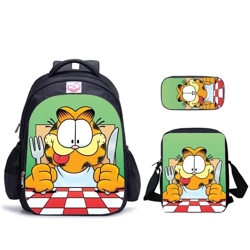 3Pcs Backpack Set, Hungry Orange Cat Diner Table Full Print School Bag Kit, Backpack + Crossbody Lunch Bag + Pencil Case, Wear Resistant Oxford Cartoon Rucksack for Boys Girls