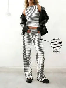 Women's 2pcs Ribbed Striped Sleeveless Tank Top & Wide-Leg Drawstring Pants Set, Soft Stretchy Ribbed Fabric & Sleeveless Tops for Daily Casual