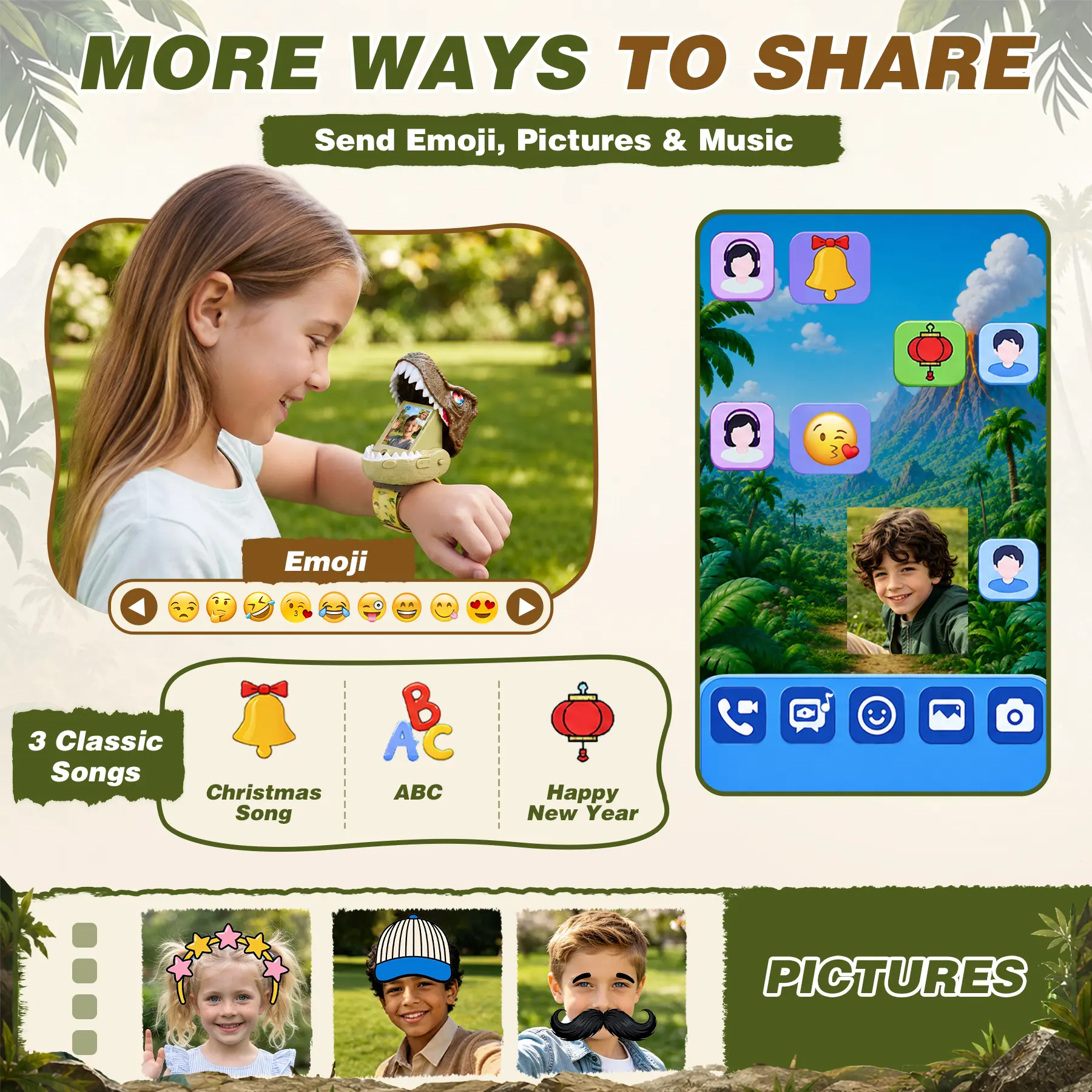 Kids sharing emojis pictures and built in music on video walkie talkies