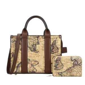 Vintage Map Print Satchel Bag & Matching Wallet Set - Large Capacity PU Leather Commuter Tote for Travel & Daily Use