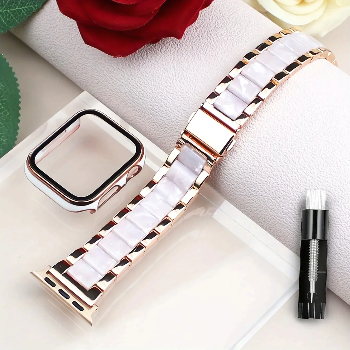 2-in-1 Color-Matching Case & Metal Resin Strap Watch Straps for Apple Watch 40mm 41mm 44mm 45mm S10 42mm 46mm Fashionable Women's Wristband Stainless Steel and Resin Replacement Chain, Suitable for iWatch/SE/10/9/8/7/6/5/4 Series Smartwatch Accessories