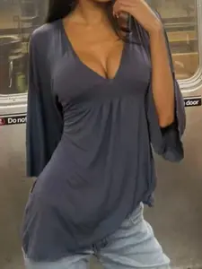 Women's V Neck Ruched Batwing Sleeve Fit Fall Winter Y2k Casual Basic Tee, Lady Comfortable Long Sleeve Top, Womenswear