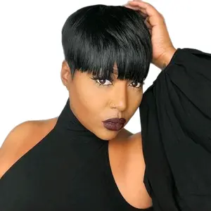 Short Pixie Cut Wig Human Hair Glueless Bob Wig Short Pixie Wigs for Black Women Bowl Cut None Lace Front Wig with Bangs Natural Black Straight Full Machine Made Half Wigs