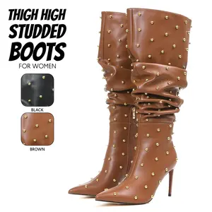 Thigh High Studded Boots for Women Pointed Toe Stiletto High Heel Side Zipper Easy Pull on Comfy Slouchy Over the Knee High Boot Trendy Fashion Footwear Party Date Nighouts Wedding Dressy Long Tall Shoes