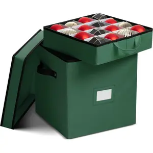 Christmas Ornament Storage Box - Stores 64 Ornaments - Non-Woven, - Proof Christmas Ornament Storage Containers - 3 Inch Cube Compartments - Green