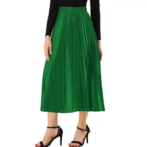 INSPIRE CHIC Women's Party Elastic Waist Metallic Shiny Accordion Pleated Midi Skirt 3X-Large Green