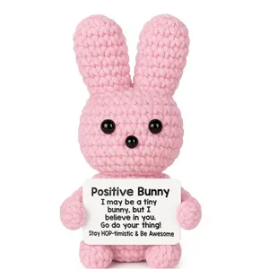 Hand-Crocheted Yarn Doll — Pink Rabbit Knitted Doll Holding a Card