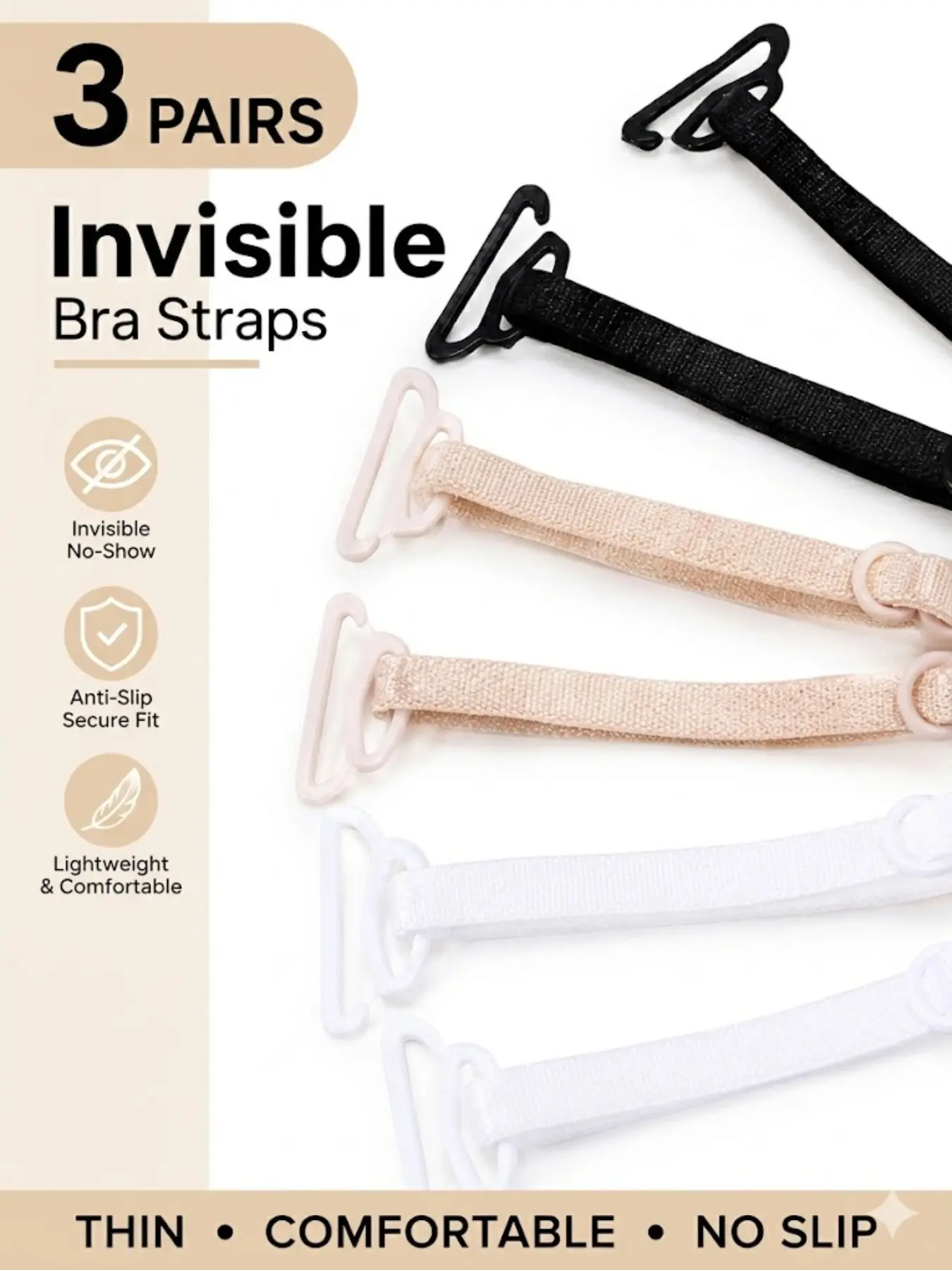 3 Pairs Thin Invisible Bra Straps, Clear No-Show Anti-Slip Replacement Shoulder Straps, Comfortable & Secure Fit for Bras