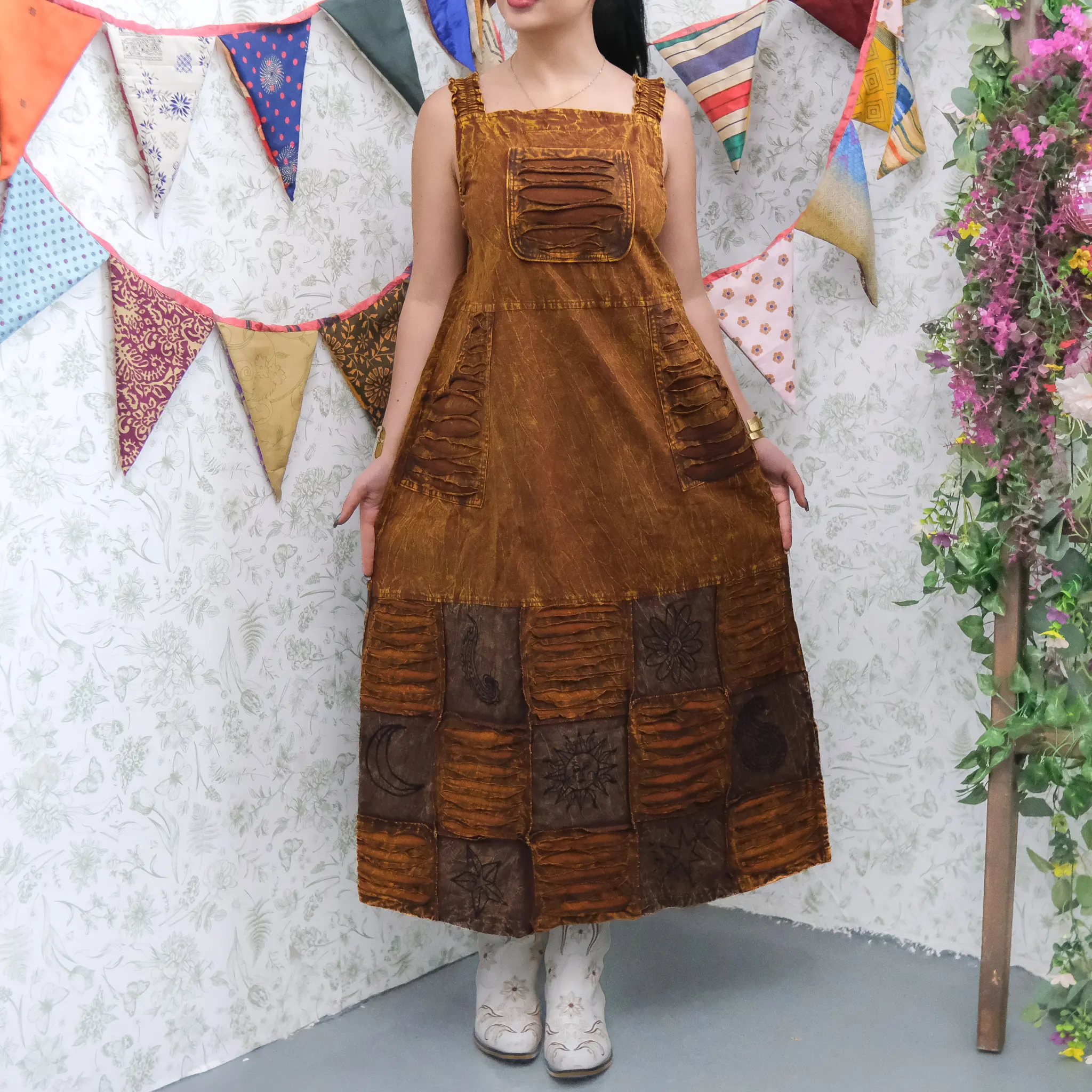 Patchwork Cotton Ribbed Maxi Dress, Boho Hippie Long Overall Dress, Summer Sleeveless Long Dress, Bohemian Festival Sun Dress