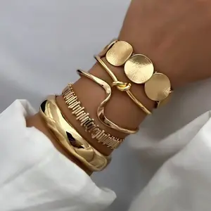 5pcs Vintage Exaggerated Luxury Geometric Wide Metal Gold Bangle Set Layered Bohemian Style Simple Mix Match Hollow Bracelets for Everyday Wear and Gifting