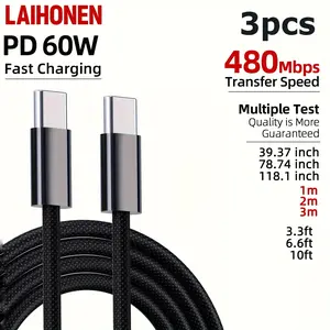 1pc/3pcs 60W 3A USB C to USB C Fast Charging Cable 20V, Braided Type-C to Type-C Power Cord for iPhone 17/16/15 Pro Max, MacBook Air, iPad Pro/Air, for Samsung Galaxy, Pixel - 60W PD Charger Wire