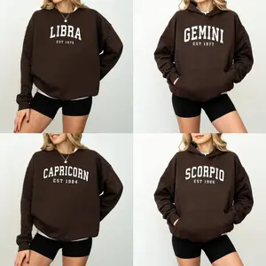 Custom Zodiac with Est Year Dark Chocolate Hoodie, Horoscope Astrology Graphic Hoodie, Unisex Crewneck Hoodie, Personalized Zodiac Energy Gift for Birthday, Star Sign Lovers, Aries, Taurus, Gemini, Cancer, Leo 2SY