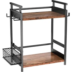 Countertop Coffee Station Organizer, 2 Tier Wooden Shelf for Coffee Bar Accessories, Condiment Storage Caddy for Kitchen, Home, Office - Brown