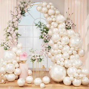 83 Pcs Pearl White Double Stuffed Balloon Arch Kit with Stickers, Ribbon & Dot Tape for Wedding