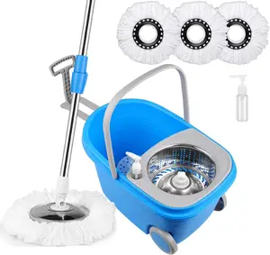 Blue Spin Mop Bucket Sets 360° Spinning Cleaning Tools with 3 Microfiber Replacement Heads 61" Extended Handle Household Item for Easy Cleaning