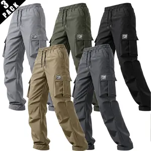 3pack men’s solid-color cargo pants made from durable polyester fabric, featuring a straight, loose fit, multiple pockets, wrinkle-resistant design, versatile for all seasons, casual long pants with pockets, anti-wrinkle, multifunctional casual long pa