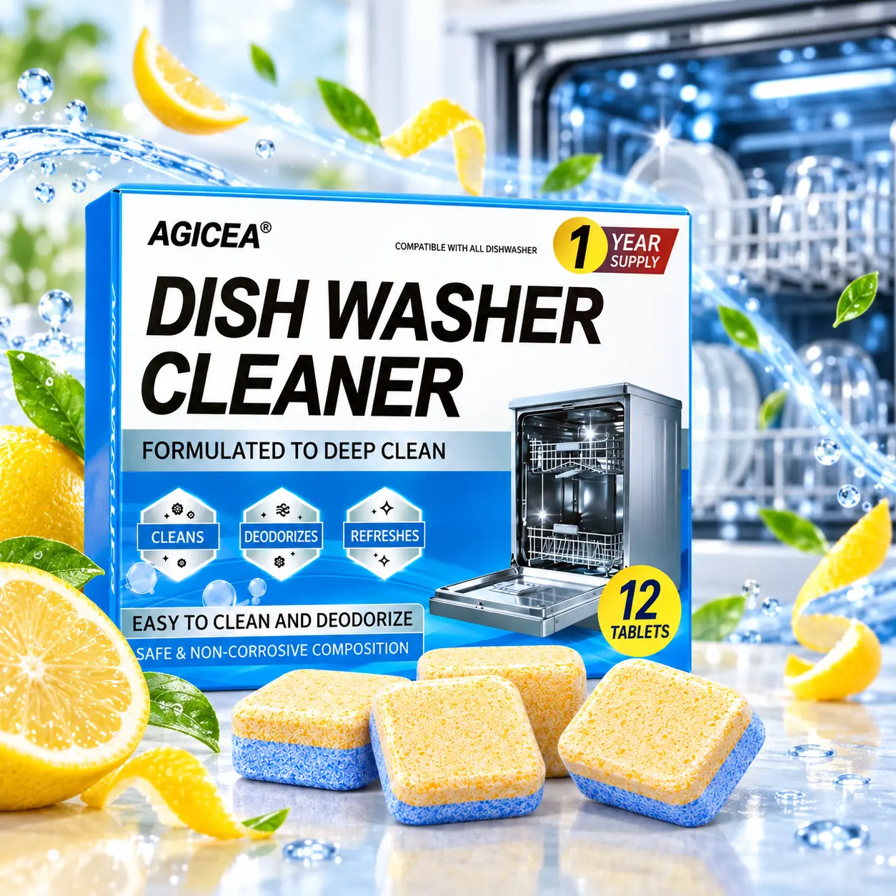 Dishwasher Cleaner Tablets, Deep Cleaning Effervescent Tablets, Helps Remove Grease, Grime, Food Residue, Odor & Limescale