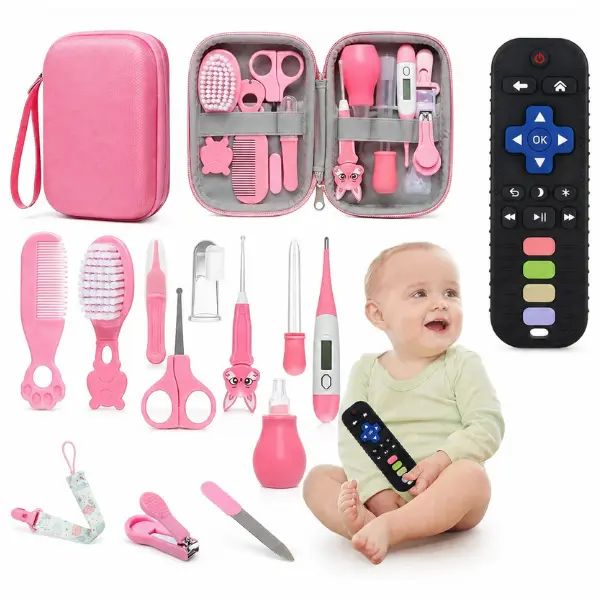 Baby Teether Toy Remote Control & Newborn-Infant Healthcare Grooming Kit (3-24 Months) - Teething Relief Nursery Essentials with Brush, Comb, Nail Clipper, Thermometer, Pacifier Clip, Halloween-Christmas Gifts