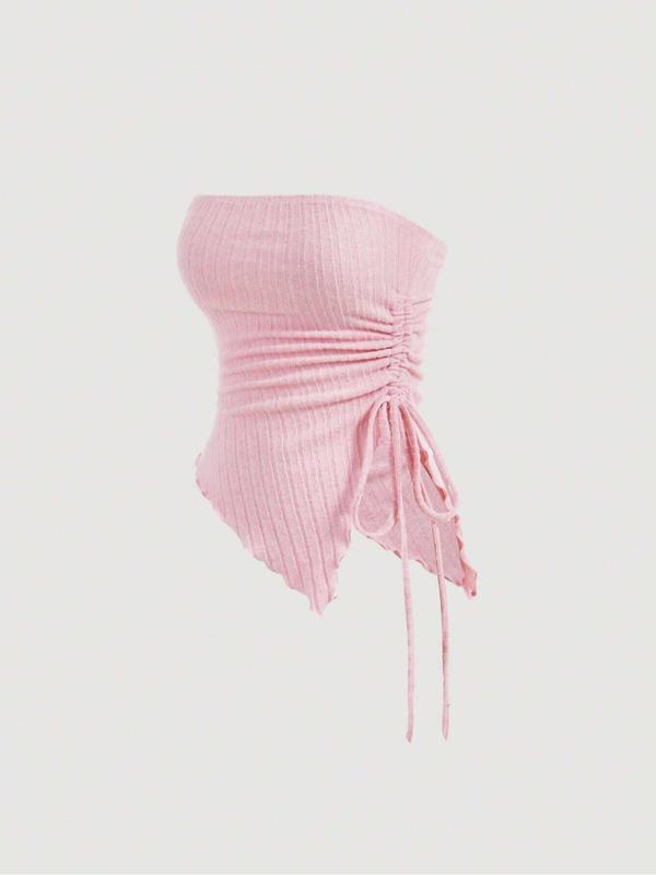 Women's Solid Ruched Backless Crop Tube Top, Casual Drawstring Asymmetrical Hem Sleeveless Top for Summer, Minimalist Women's Clothing for Daily Wear, Casual Fitted Sleeveless