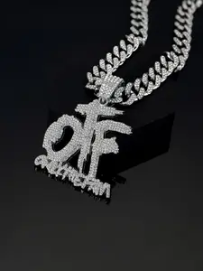 Hiphop Zircon Otf Letter Pendant Necklace, Custom Hip Hop Street Style Jewelry, Custom Initial Necklace, Chunky Cuban Chain, Bling Necklace, Trendy Artisan Necklace