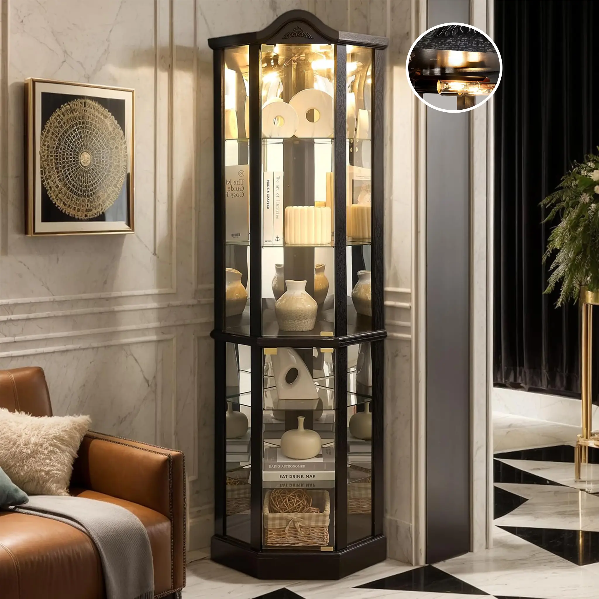 72" H Lighted Glass Display Cabinet with Adjustable Shelves, Light Bulb Included, Mirrored Back, 150 Lbs Weight Capacity, China Cabinet with Tempered Glass Doors, Corner Curio Cabinet for Living Room, Apartment, Bedroom