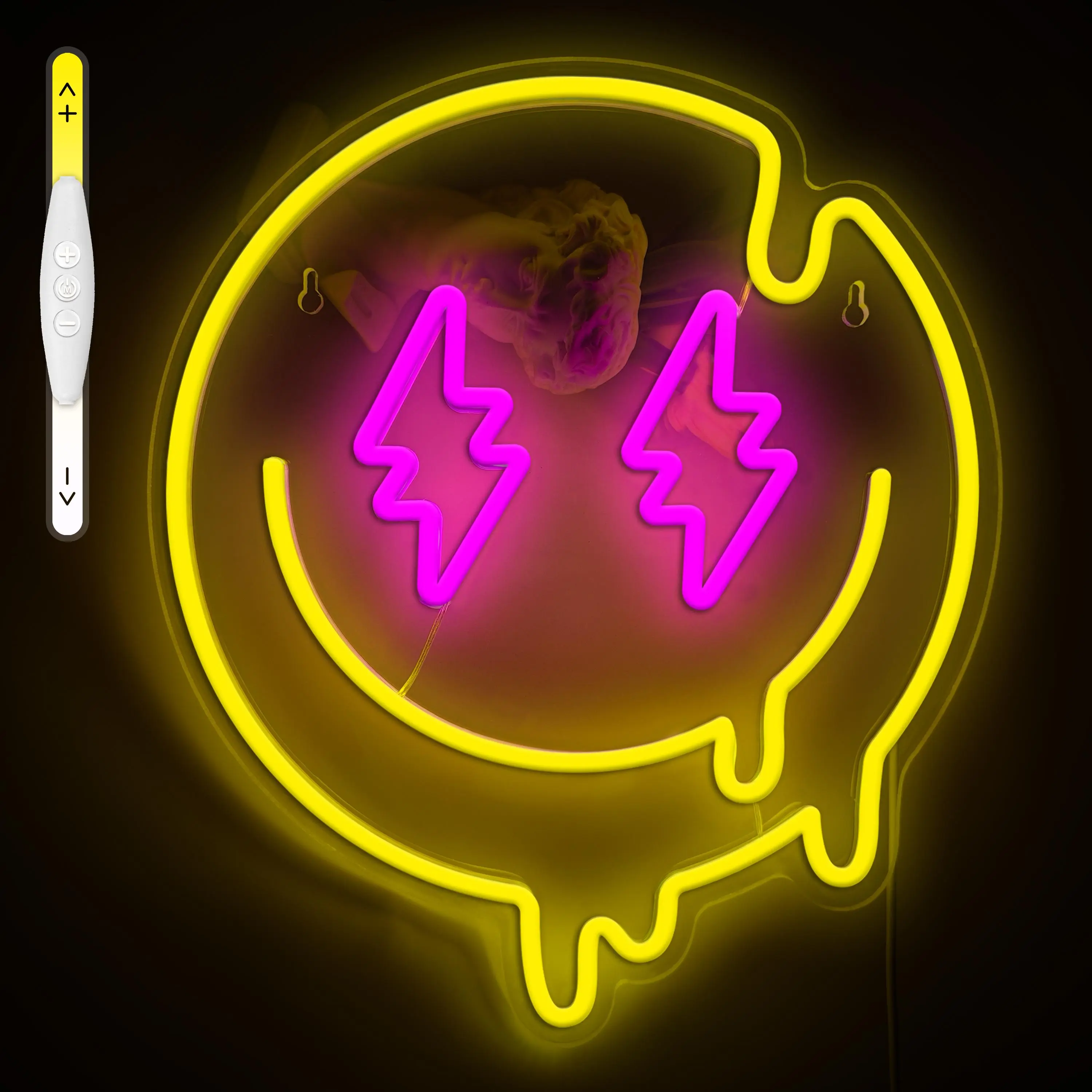 Lightning bolt smiley face neon light, USB powered, dimmable, suitable for holiday decorations, room decor, and creating a festive atmosphere.