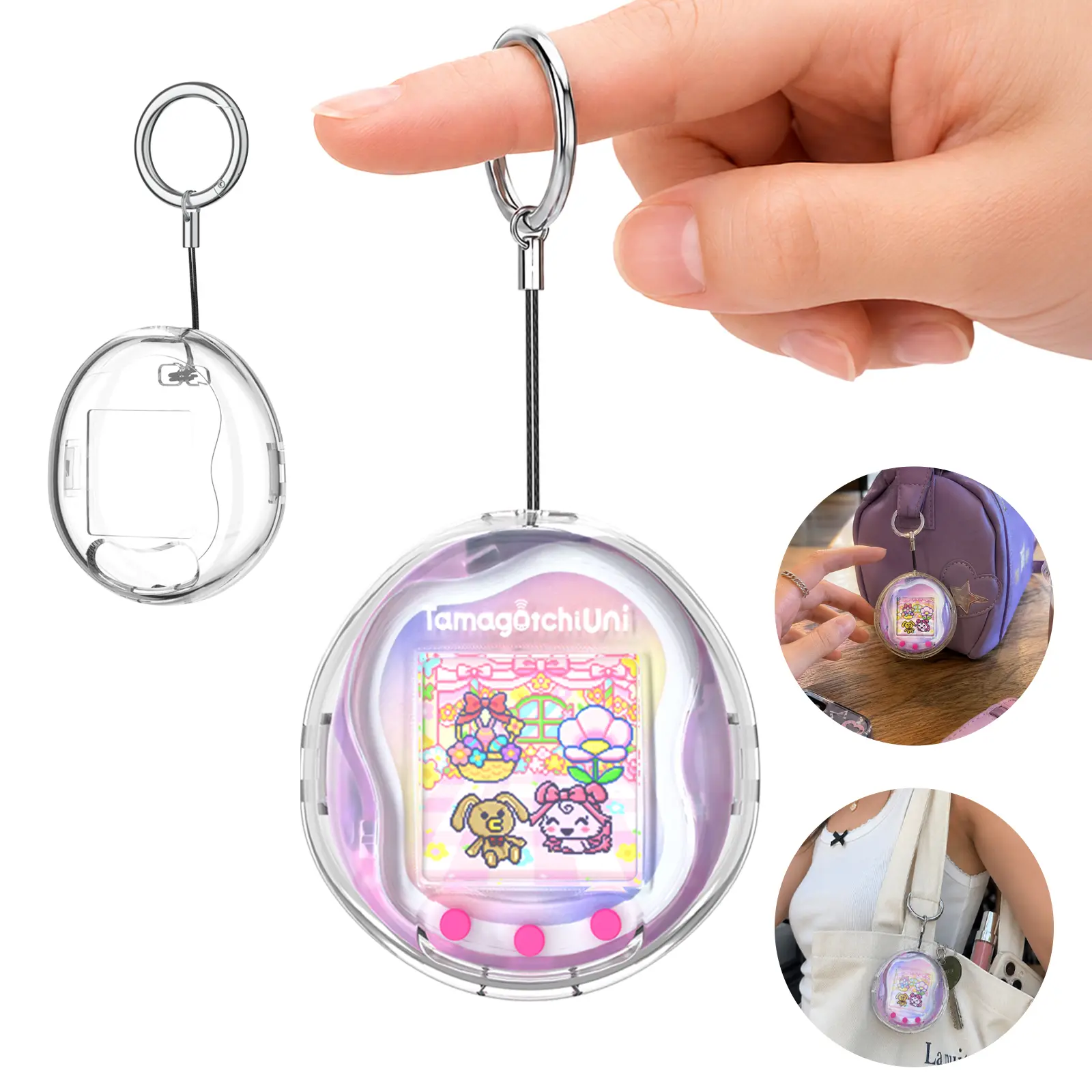 OAJ Crystal Clear Hard TPU Case for Tamagotchi Uni - Full-Body Cover, Strap for Tamagotchi Electronic Pet, Cover with Metal Carabiner - Anti-Scratch & Shockproof Kawaii Accessory - Clear Durability Resistant, Perfect Gift for Girls and Boys