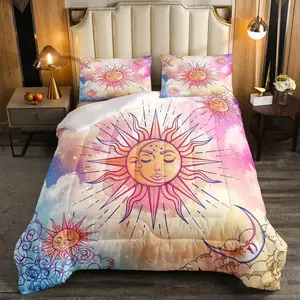 Sun and Moon Comforter Sets,Stars Constellation Galaxy Bedding Set,Pink Blue Pastel Clouds Tie Dye Comforter For Kids Girls Women