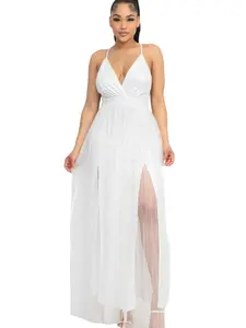 Pleated Mesh Slit Maxi Dress Comfort Fabric