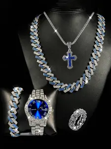 Men's Business Watch Set with Calendar, Water Drill Decoration, Fashionable and Elegant, Perfect Valentine's Day Gift Option, Jewelry Set