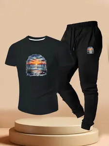 Men's Summer Casual Style Two-Piece Set, Vintage Ocean Sunset Watercolor Print Short Sleeve T-Shirt & Pants, Relaxed Fit