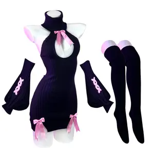 Koruraclub 2026 Hottest Picks Cute Girl Pink Bow Turtleneck WhiterBlack Sweater Cosplay Knitwear Underwear Backless Long Dress with Matching Arm Sleeves and Stockings SpringStatements