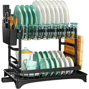 Double-tier dish drying rack, ideal for kitchen countertop storage; holds plates, bowls, and all kinds of tableware