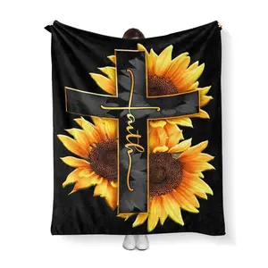 Sunflower & Cross Pattern Blanket, Soft Comfortable Flannel Throw Blanket, Cool Bedroom Bedding Blankets, Warm Napping Blanket for Home Office Travel, To my mom Gift Blanket