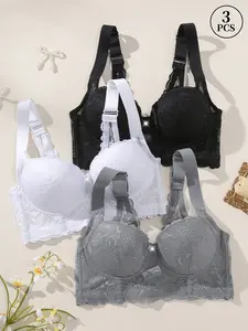 3PCS Elegant exquisite lace women's underwear, adjustable elastic wide shoulder strap bra, comfortable Fashion beautiful back bra, push up underwire support bra Everyday