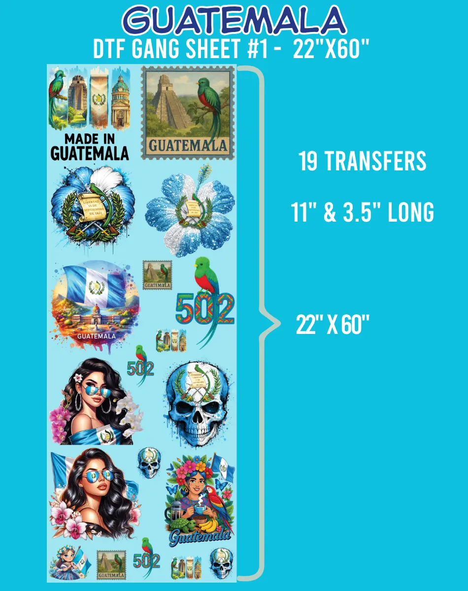 Guatemala DTF Gang Sheet #1, 22"x60" Art Craft Supplies, DIY Material for DIY Craft Decor