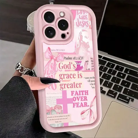 Religious "God's Grace Is Greater Than Fear" Pink Soft TPU Rubber Cellphone Casing - Protective, Shockproof, 2D Printing, Camera Protection, Rugged Cover, Fits iPhone 17 Pro Max,16,16e,15,14 Plus,13,12 Mini,11,Air,X,XS - Smartphone Accessory Gift