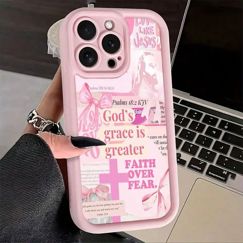 Religious "God's Grace Is Greater Than Fear" Pink Soft TPU Rubber Cellphone Casing - Protective, Shockproof, 2D Printing, Camera Protection, Rugged Cover, Fits iPhone 17 Pro Max,16,16e,15,14 Plus,13,12 Mini,11,Air,X,XS - Smartphone Accessory Gift