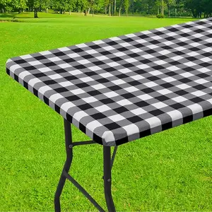 Rectangle Picnic Table Cloth, Elastic Waterproof Fitted Tablecloths, Flannel Backed Buffalo Plaid Table Covers for Dining, Camping, Outdoor (Black and White, 30" x 72")