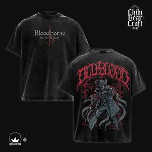 Bloodborne Shirt The Hunter Yharnam Old Blood Tentacles Vintage Washed Oversized T-Shirt Hoodie Soulsborne Gaming Graphic Tee Faded Dark Red Fantasy Streetwear Y2K Merch Gift For Game Fan Clothes