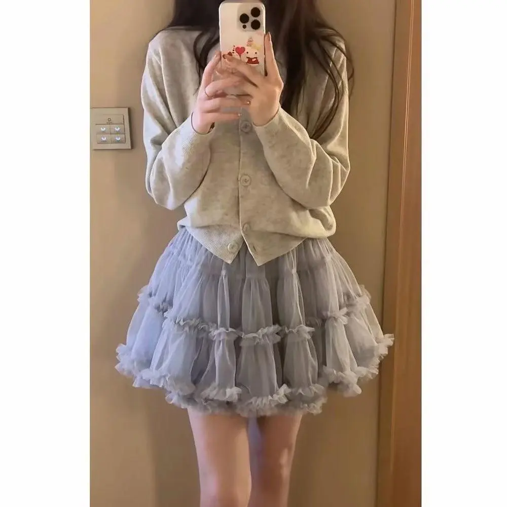 Women Dusty Blue Tulle Tutu Mini Skirt Ruffle Tiered Cake A‑Line Flared Big Swing Hem Fairy Short Skirt