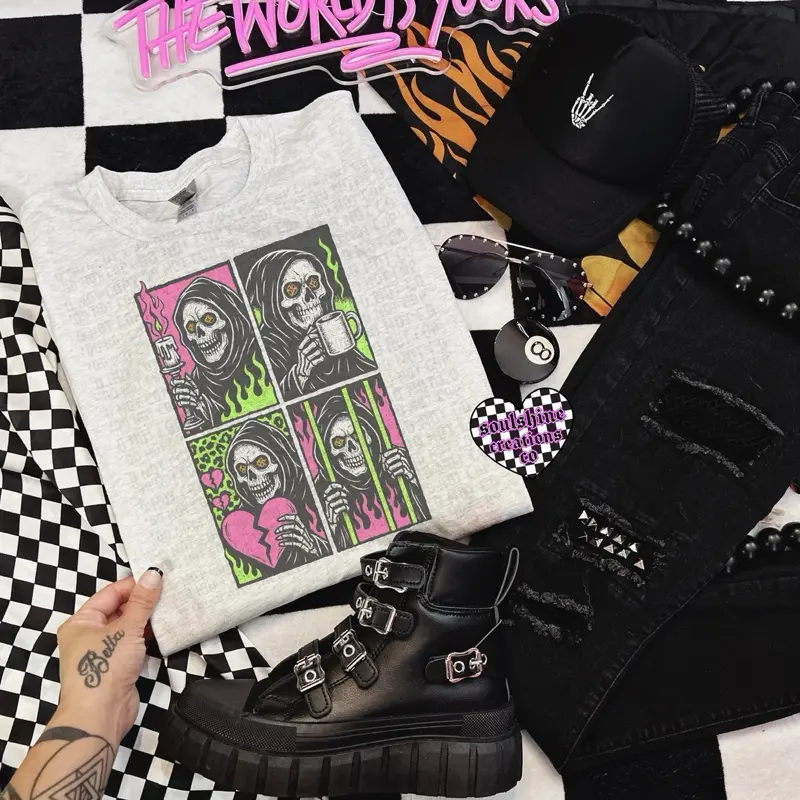Neon Reaper Unisex Tee or Sweatshirt Edgy Alternative Gothic Vibes Ash Gray Sublimation Printed