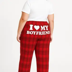 I Love My Boyfriend plaid red Pajamas - Luxurious Soft Plushie Loungewear for All Seasons Comfortable Sizes X-Small to 3XL Casual Nightwear