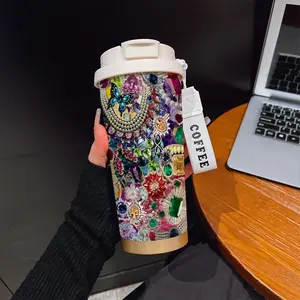 530ML Vacuum Insulated Tumbler, Boho Style Abstract Pattern, Stainless Steel, Portable Travel Mug with Straw and Strap, Ideal Gift for Holidays