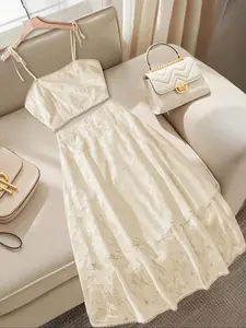 Plus Size Women's Jacquard Woven Floral Fitted Halter Neck Sleeveless Midi Dress Set, Elegant Casual Summer for Daily Wear & Vacation